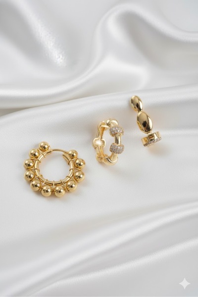 Dorvina Brass 3-Piece Women's Earrings with Zircon Stone Hoop Model Gold Color |   Stylish and Durable Jewelry, Accessory