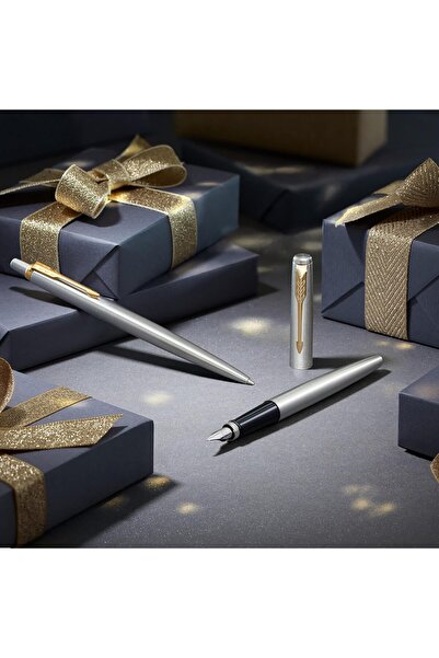 Parker Jotter Duo Gift Set – Stainless Steel Ballpoint & Fountain Pen, Gold Trim, Blue Ink