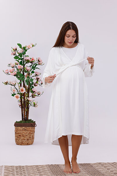 BLACKMORE Women's Ecru Striped Special Lace Design Cotton Full Length Maternity Nightgown-Dressing Gown Set of 2