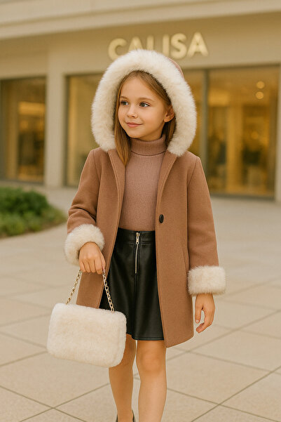 Calisa Girl's Hooded Plush Detail Coat Leather Skirt Plush Bag 4-Piece Combination – Stylish Winter Set