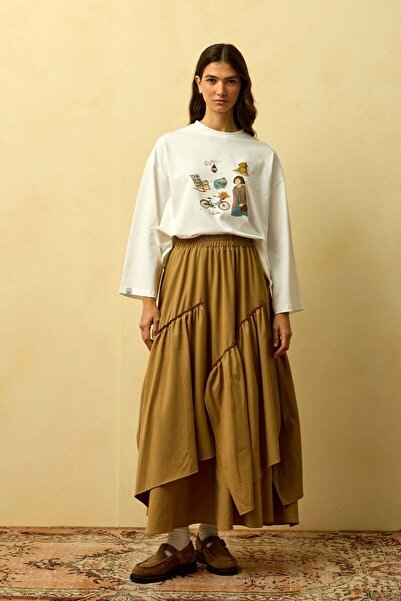 Ceylan Otantik Ecru Bisiklet Printed Basic Body & Caramel Polyviscon Bohemian Floor Skirt Set