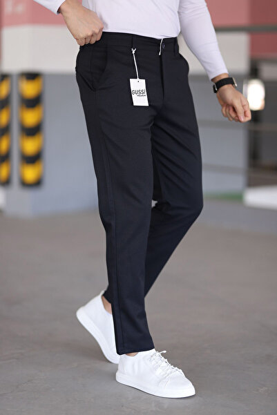 DOPPİO'N DENİM Men's Navy Blue Slim Fit Flexible Lycra Linen Trousers