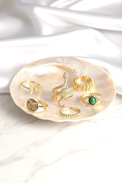 Dorvina Brass 6-Piece Women's Ring Set Gold Color Embroidered Snake Model Butterfly Detail |   Stylish and Durable Jewelry