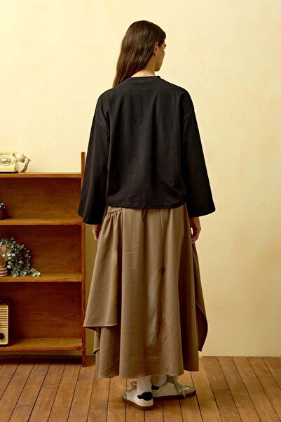 Ceylan Otantik Black Bicycle Printed Basic Body & Mink Polyviscon Bohemian Floor Skirt Set