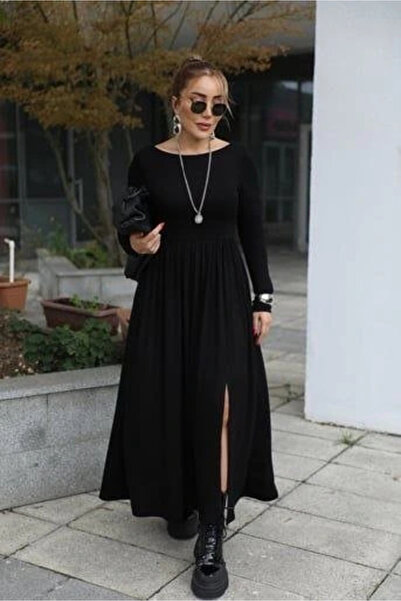 BEFAON Women's Boat Neck Backless and Slit Detail Maxi Dress