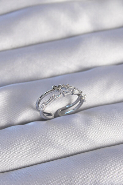 HarmonyAura Brass Silver Color Zircon Stone Heart 2-Piece Appearance Adjustable Ring