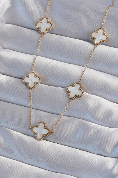HarmonyAura 316L Steel Gold Color White Pearlescent Clover Necklace