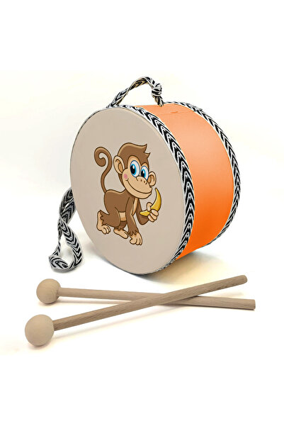 Souvenest طبلة أطفال جلدية من مونك مطبوع - برتقالي 17سم |   طبلة برتقالية |   دي جي-مايمون