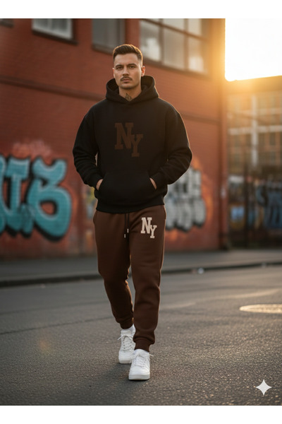 NİCE Three Thread Compact Hooded Inside Cotton Ny Newyork B Printed Premium O Oversized Tracksuit Set