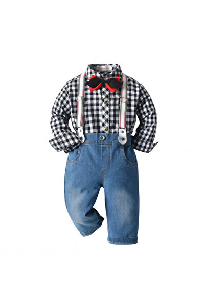 Superbaby Costum cu blugi și cămașă neagră în carouri