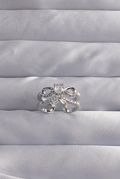 HarmonyAura Brass Adjustable Silver Color Zircon Stone 2-Piece Appearance Bow Ring