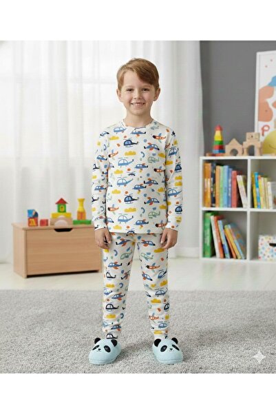 İsobel Kids İsob Helicopter Patterned Interlock 100% Cotton Boys Pajama Set 3-13 Years 42004