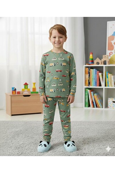 Yağmur Giyim Isob Green Cars Patterned Interlock 100% Cotton Boys Pajama Set 3-13 Years 42003