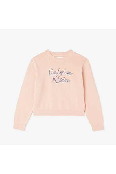 Calvin Klein Logo Metallic Intersia Çocuk Pembe Triko