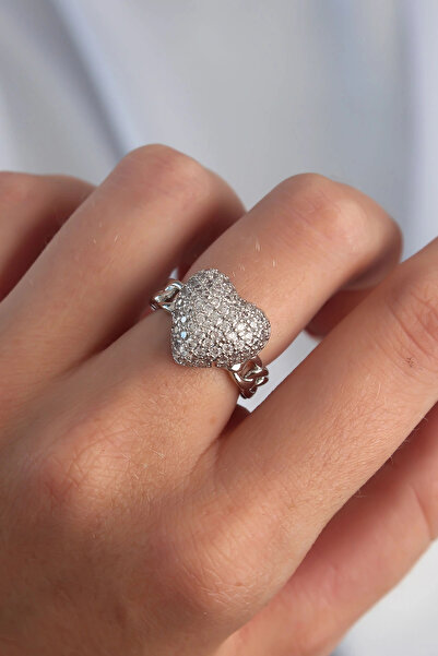 HarmonyAura Brass Adjustable Silver Color Zircon Stone Curved Heart Ring