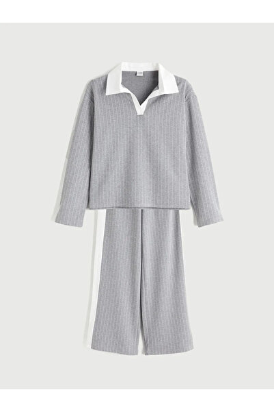 LC Waikiki Kids Gray Polo Neck Cotton Interlock Fabric Striped Girls Sweatshirt and Leggings Set