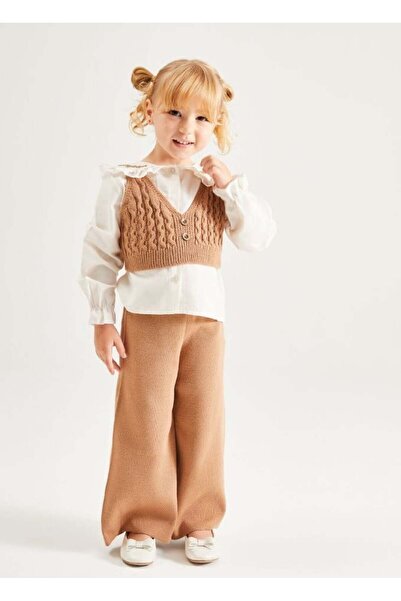 Pinkitokids Collar Embroidered Shirt and Knitwear 3-Piece Girl's Set-Brown