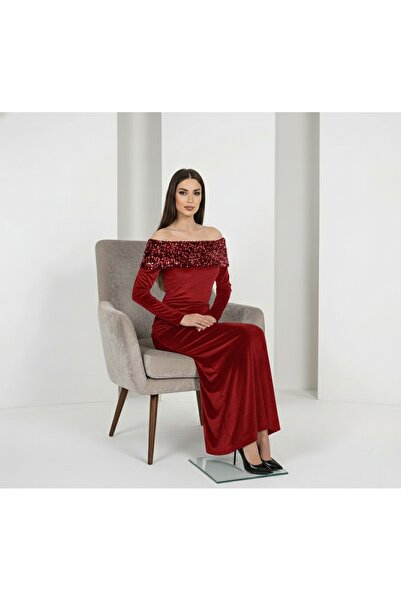 Lovely butik Velvet Off-Shoulder Sequin Embroidered Long Evening Dress New Year's Party Dress