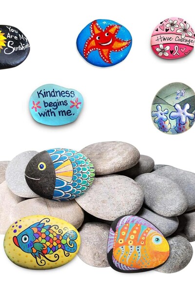 HepHobi Doğal Çakıl Taşı Boyama Seti 4'lü - Çocuklar İçin Güvenli 12 Renk Boya, 2 Fırça ve Vernik Hediyeli