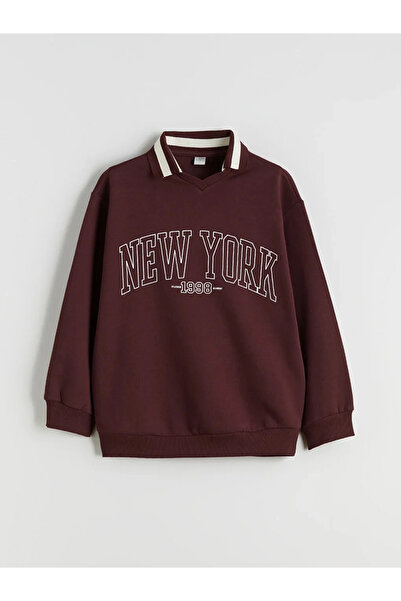 LC Waikiki Kids Burgundy Polo Neck 3 Thread New York B Printed Girls Sweatshirt and Sweatpants Set