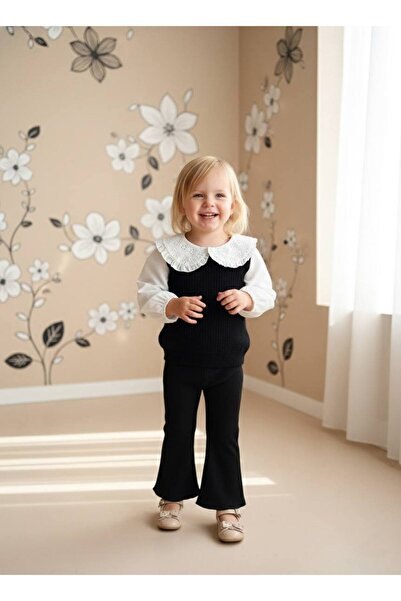 Pinkitokids Embroidered Collar and Shirt Detailed Knitwear and Flared Leggings Set