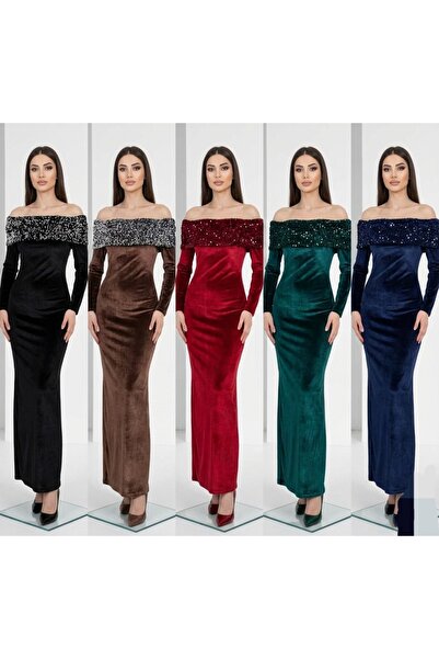 Lovely butik Velvet Off-Shoulder Sequin Embroidered Long Evening Dress New Year's Party Dress