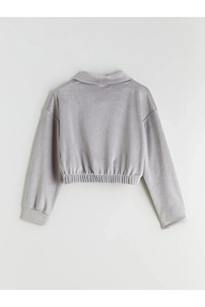 LC Waikiki Kids Gray Velvet Fabric Polo Neck Girls Sweatshirt and Leggings 2-Piece Set