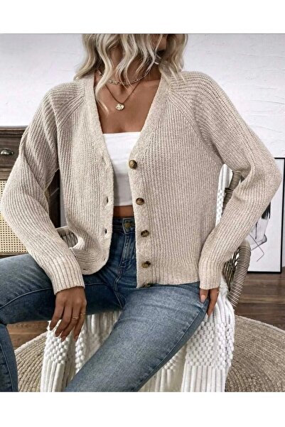 GNY TEXTİLE V-Neck Woven Detailed Long Sleeve Buttoned Model Knitwear Cardigan