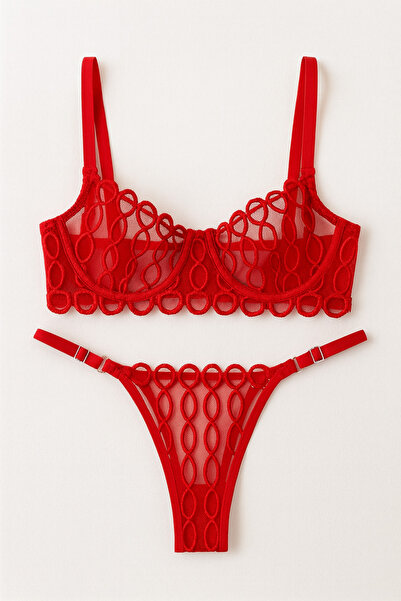 LİBELLA İÇ GİYİM Set de sutien cu tanga din 2 piese, cu broderie roșie, din t...