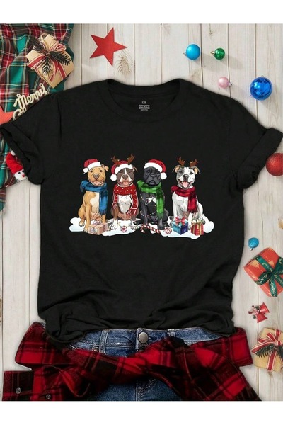 OVER HEAD New Year's Dogs Merry Christmas Oversized , Crew Neck, Short Sleeve T-Shirt