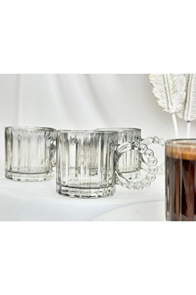 aden glass Boncuk Kulplu Cam Kahve Ekspresso Fincanı 6 Lı Küçük Boy 125 Ml Füme Rengi