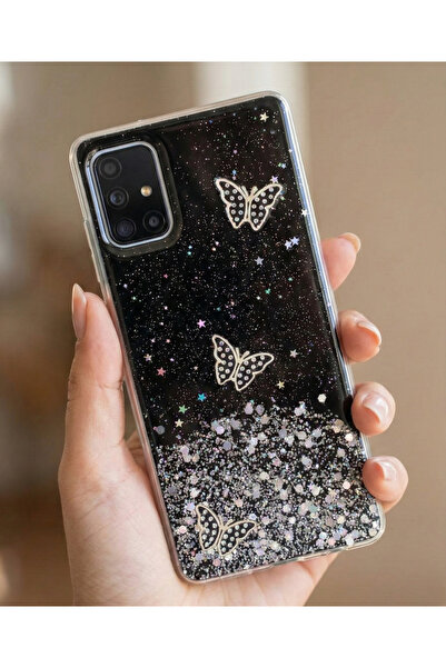 Rivor Samsung Galaxy A71 Uyumlu Kılıf Kamera Çıkıntılı Simli Kelebek Kabartmalı Desenli İnce Premium Kapak