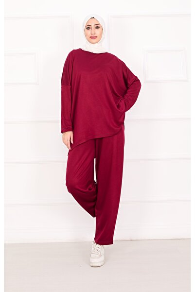 Esre Store 21055 - Costum cu pantaloni shalwar cu croială lejeră, roșu claret