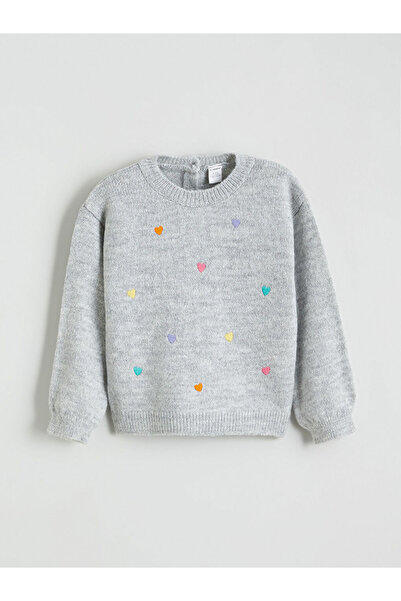 LC Waikiki Pulover tricotat pentru fetiță cu broderie inimă gri