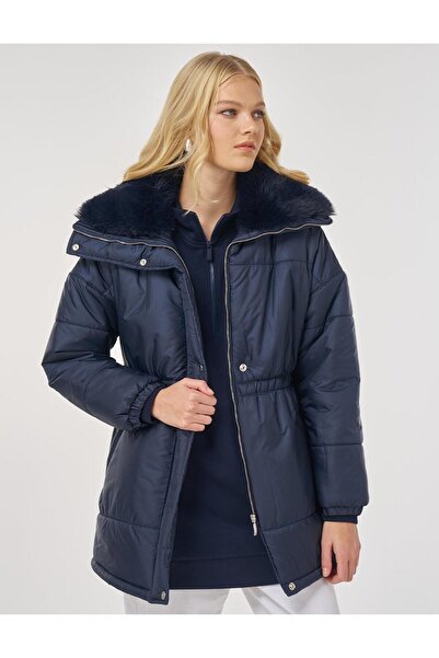 Kayra Fur Collar Quilted Coat Dark Navy Blue