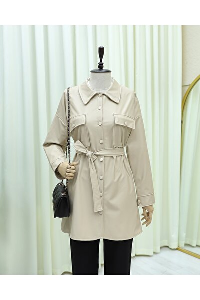 Modamorfo Waist-tied double pocket leather shirt - cream