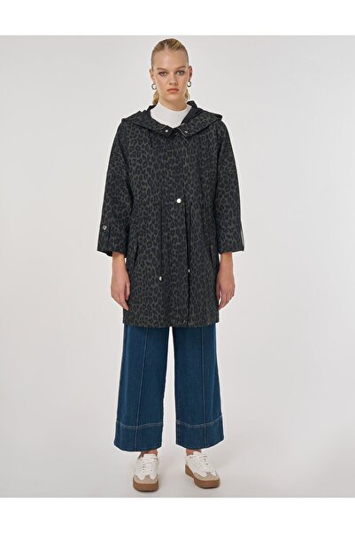 Kayra Leopard Print Short Trench Coat Forest Green