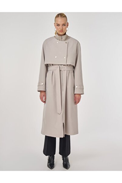 Kayra Mock Neck Belted Trench Coat Stone