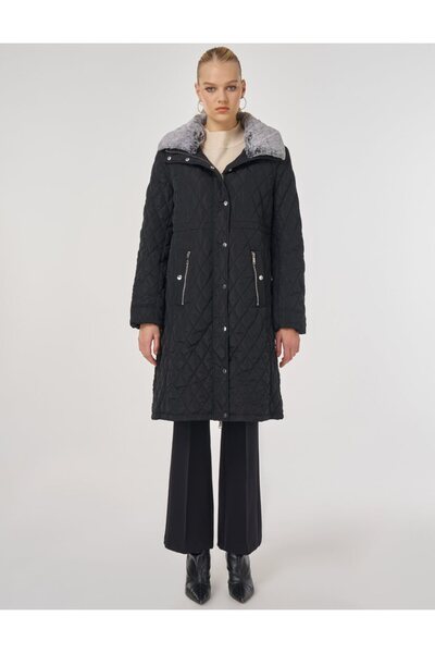 Kayra Fur Detailed Anorak Coat Black