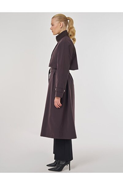 Kayra Mock Neck Belted Trench Coat Dark Brown