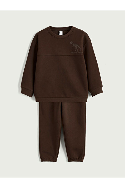 LC Waikiki Kahverengi Dinozor Baskılı Erkek Çocuk Sweatshirt Ve Eşofman Altı
