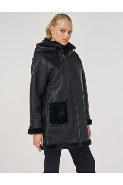 Kayra Faux Leather Coat with Belt Loop Black