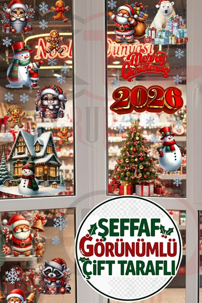 Kt Grup Şeffaf Çift Taraflı Kış Evi, Kardan Adam ve Kutup Ayısı Sticker Seti - Yılbaşı Sticker Seti