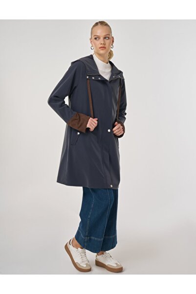 Kayra Velvet Paneled Hooded Cap Dark Navy Blue