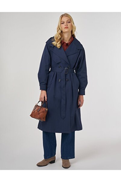 Kayra Epaulette Detailed Belted Trench Coat Dark Navy Blue