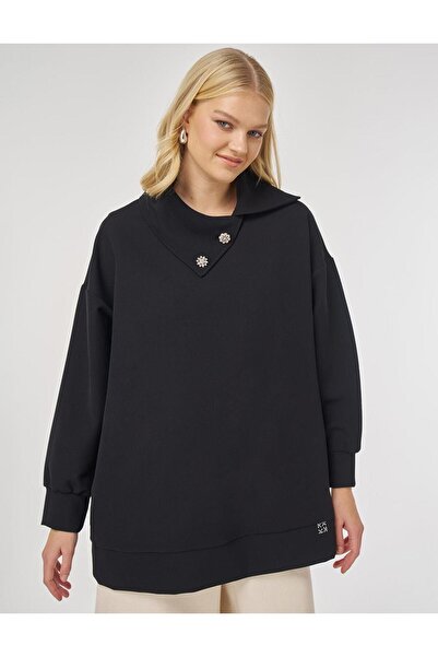 Kayra Button Detailed Viscose Sweatshirt Black
