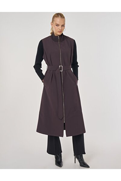 Kayra Mock Neck Belted Trench Coat Dark Brown