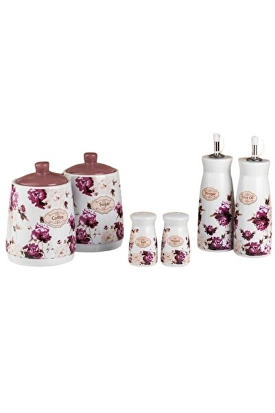 AVA Set of 6 ceramic kitchen containers with white and purple floral motifs