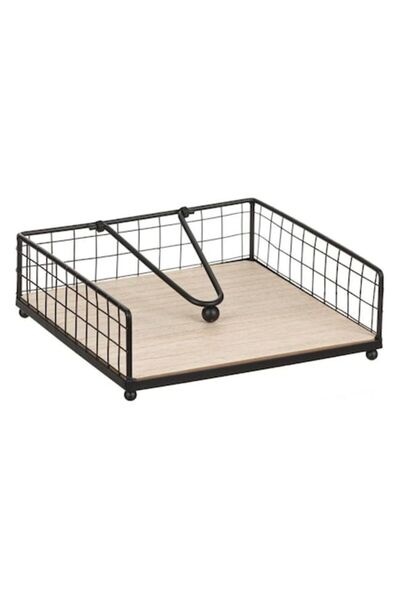 AVA Napkin Holder with Clip and Wooden Base, Metal, Square, Black – 17x17x5 cm