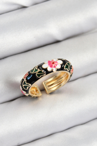 HarmonyAura Brass Black Enamel Flower Motif Gold Color Adjustable Women's Ring